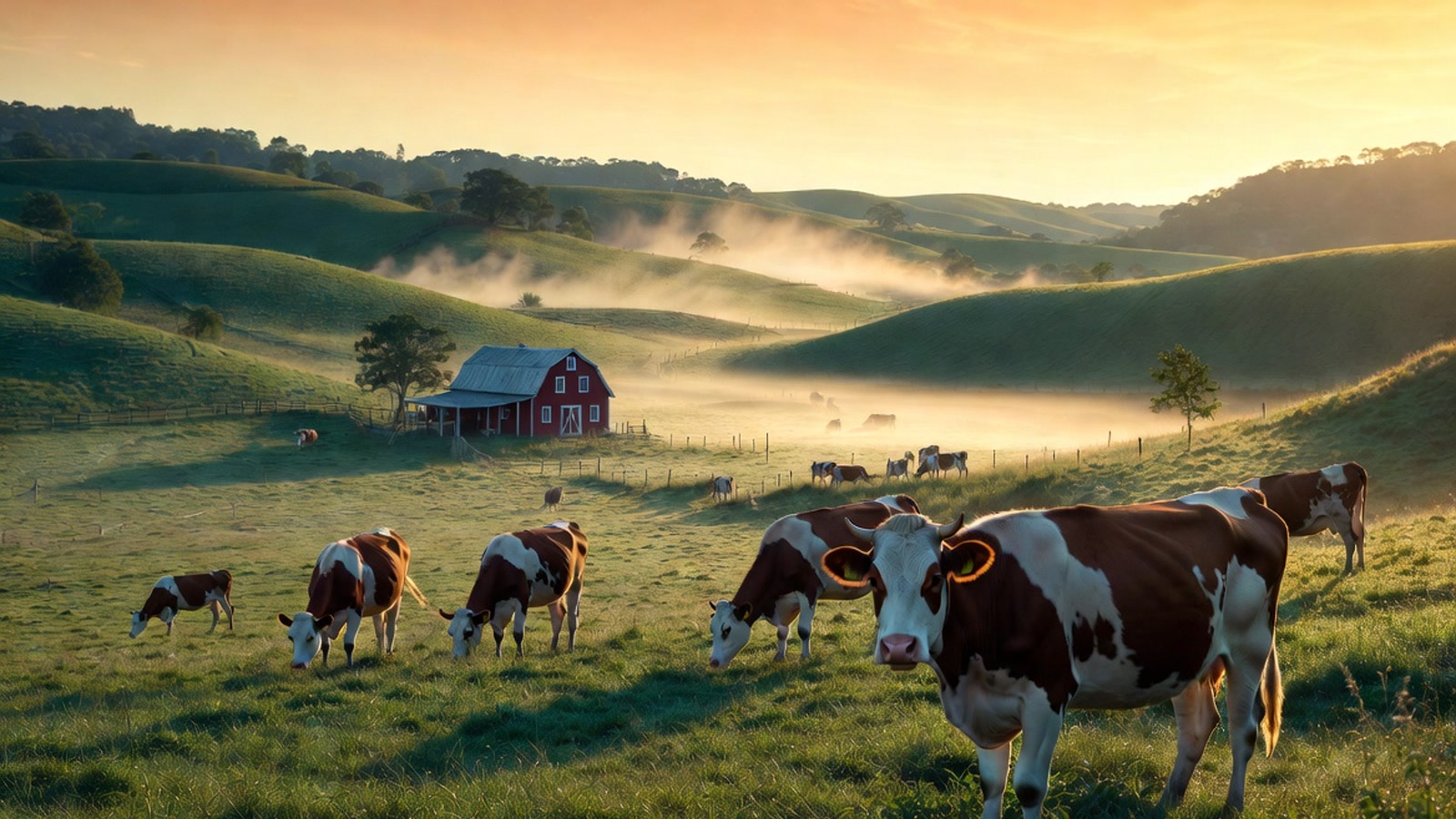 LAILA Dairy family farm — Lush green pastures and heritage red barn at sunrise