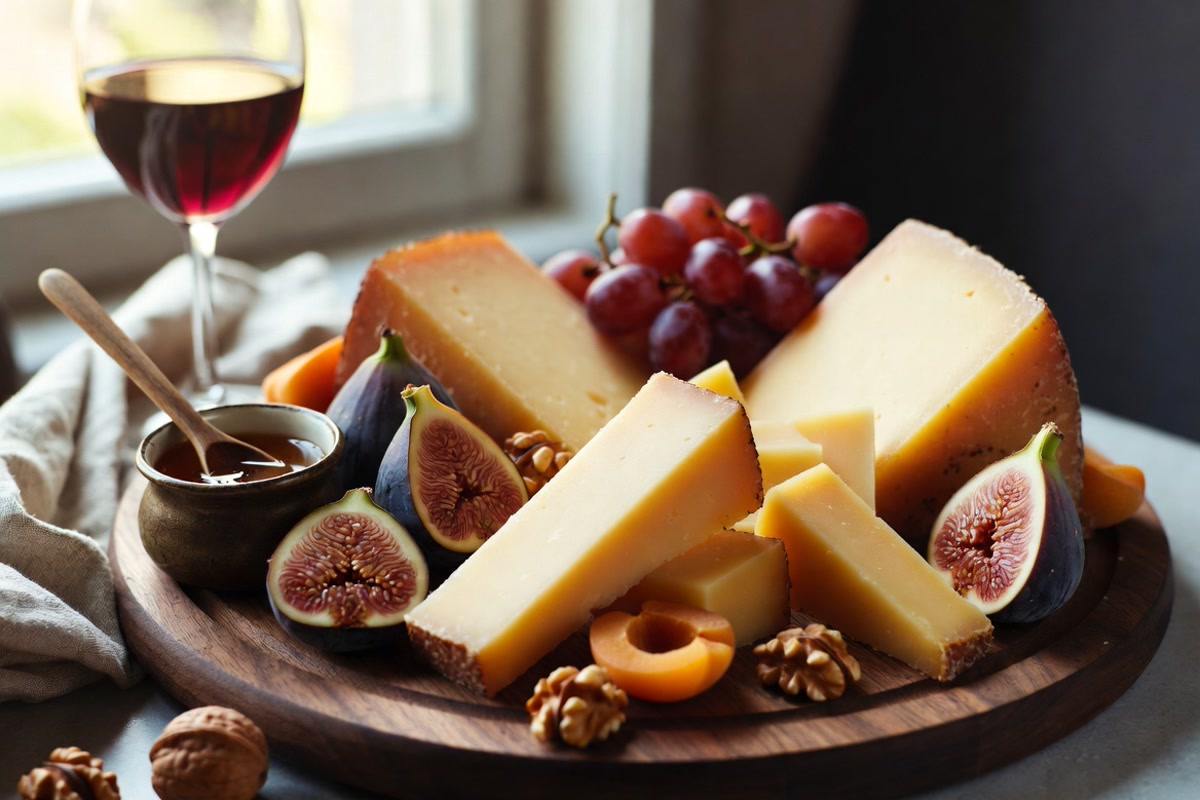 Artisanal cheese board featuring LAILA Dairy aged cheddar with fresh fruits and nuts